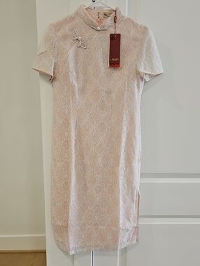 NWT Elegant Pink Lace Cheongsam Dress with Mandarin Collar